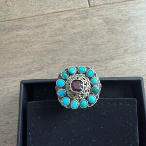 Vintage Turquoise and Garnet Sterling Silver Ring size 7